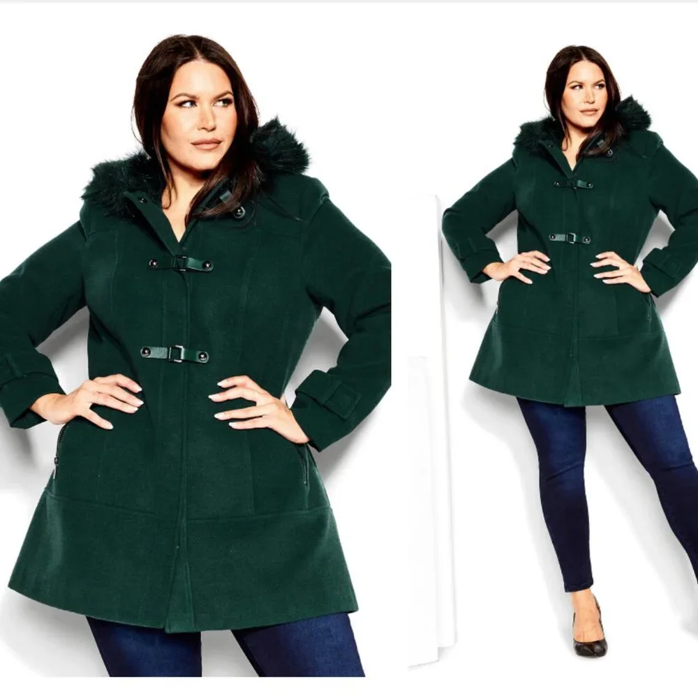 216. CITY CHIC Wonderwall NWT Alpine Green Faux Fur Trim Coat XXL - Picture 1 of 3